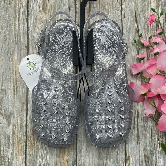 Little Girl's Crystal Jelly Silver Glitter Studded Sandals Shoes Size 2 - Picture 1 of 9